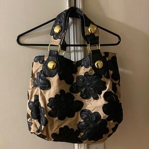 Stylish Black and Tan Floral Women. Large Big Buddha flower shoulder bag